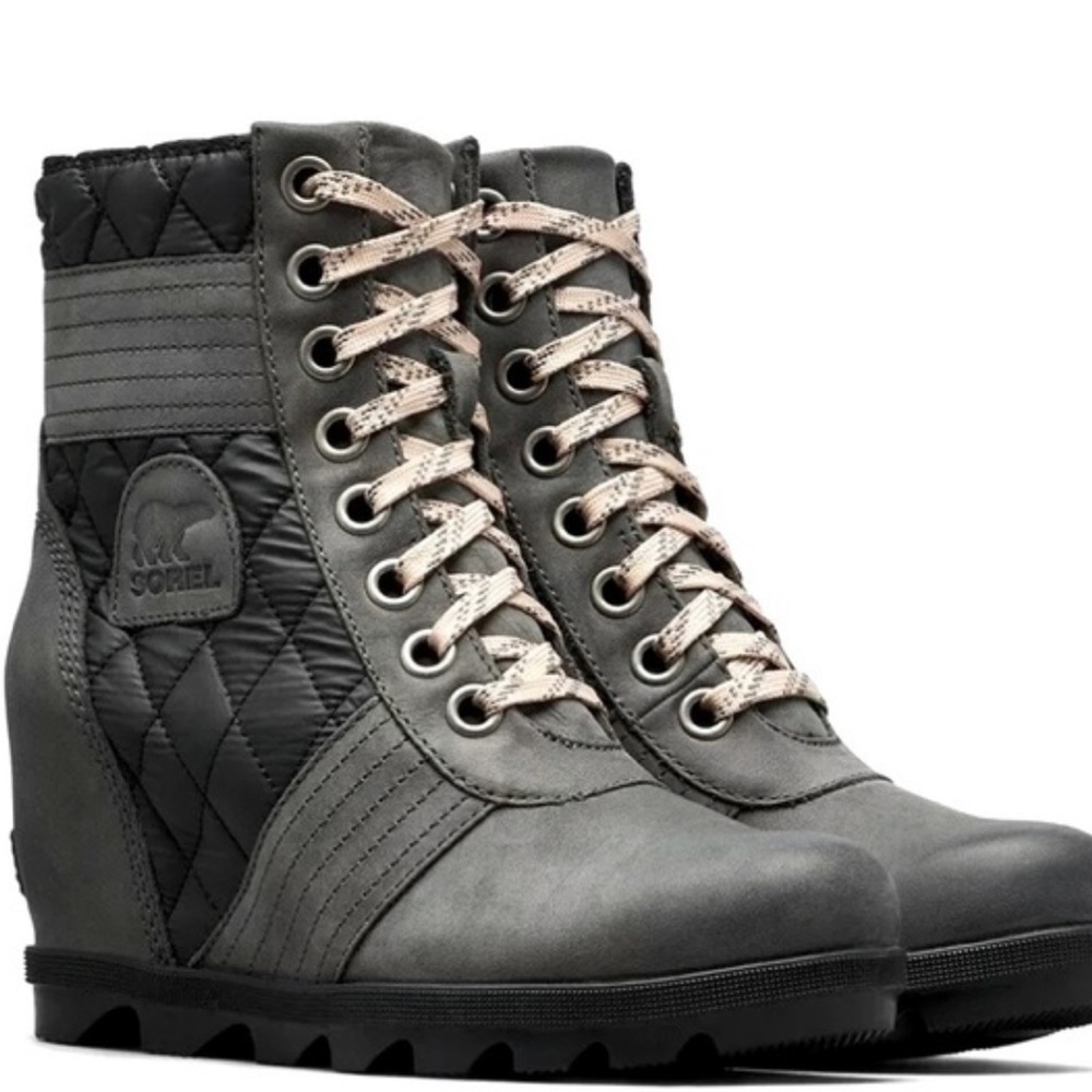 Sorel Lexie Wedge Dark Slate Gray Black Leather Waterproof Boots Womens 8.5